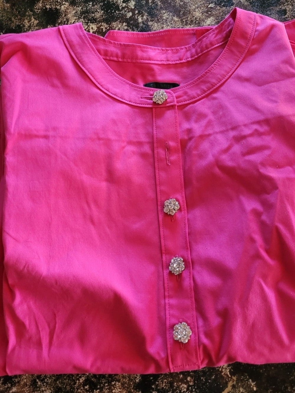 Talbots Bright Pink Round-Neck Blouse with Rhinestone Flower Buttons